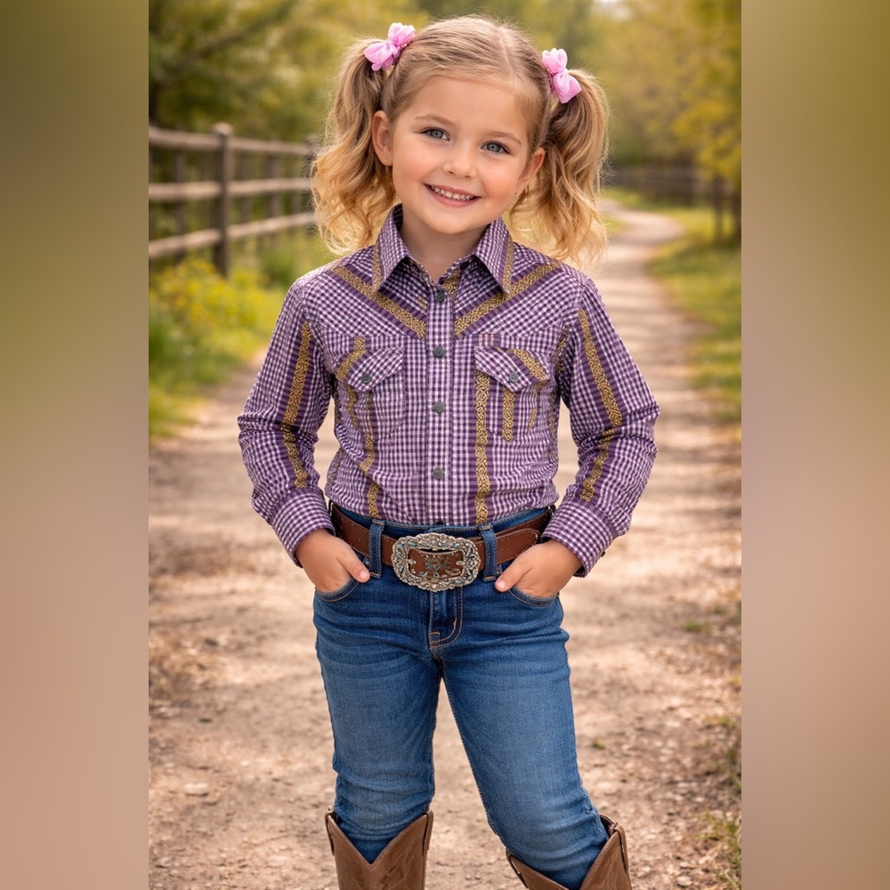 Wrangler Purple Plaid Western Shirt with Gold Trim - Kids